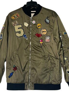 Zara TRF Outerwear Irwin Olive Khaki Military Patches Pins Bomber Jacket